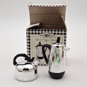 Vtg Cobble Creek Coffee And Tea Kettles Silver / Black Salt & Pepper 2 Pc Set